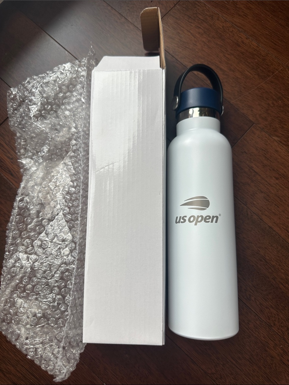 US Open White Stainless Steel Water Bottle with Navy / Black Handle